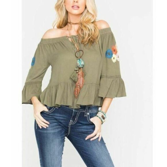 Miss Me Womens Off Shoulder Ruffle Top Shirt L - Picture 1 of 7